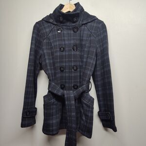Sebby Pea Coat Jacket Women Size S Black Gray Plaid Hooded Fall Winter Outdoor